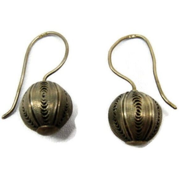 Earrings Hook Dangle Sterling Silver Filigree Ball 925 Vintage Patina - Picture 7 of 8